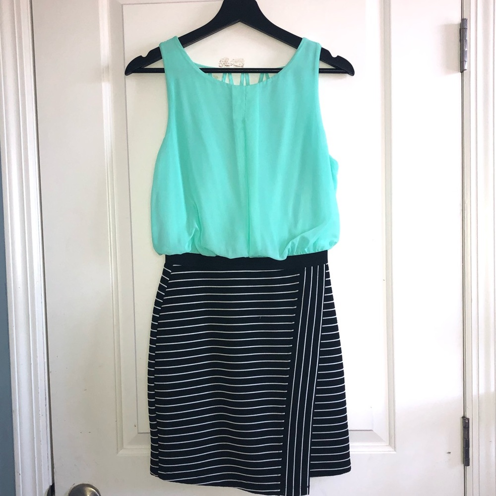 sea green/black & white striped preteen mini dress
